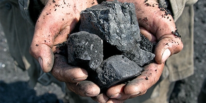 Das Bild zeigt eine Person, die mehrere Stücke Kohle in ihren Händen hält.