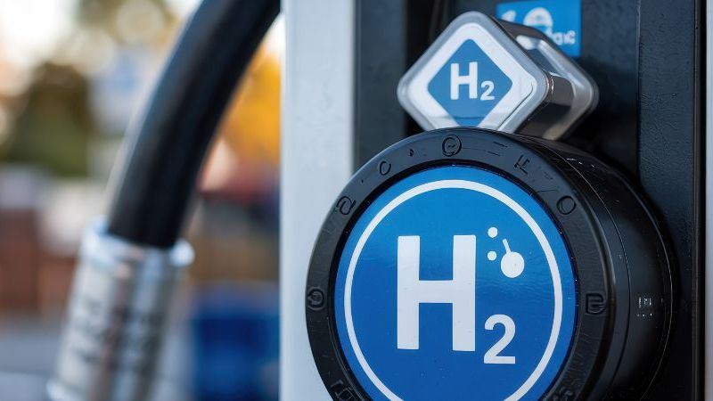 © JH45 – stock.adobe.com (generiert mit KI) Das Bild zeigt den Zapfhahn an einer Wasserstofftankstelle auf dem auf blauem Untergrund ein weißes H2O steht.