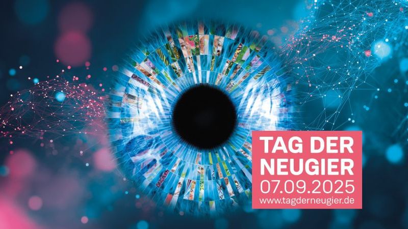 © Forschungszentrum Jülich Das Bild zeigt das Key Visual des Tags der Neugier: ein Auge, dessen Iris aus verschiedenen anderen Bildern aus dem Bereich der Wissenschaft zusammengesetzt ist.