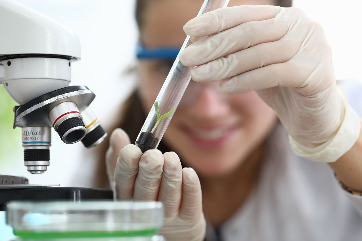 Ein Frau schaut auf ein Reagenzglas und ein Mikrokop.