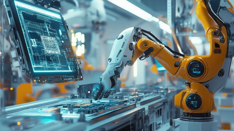 Das Bild zeigt einen Roboterarm in einer Produktionsstraße.