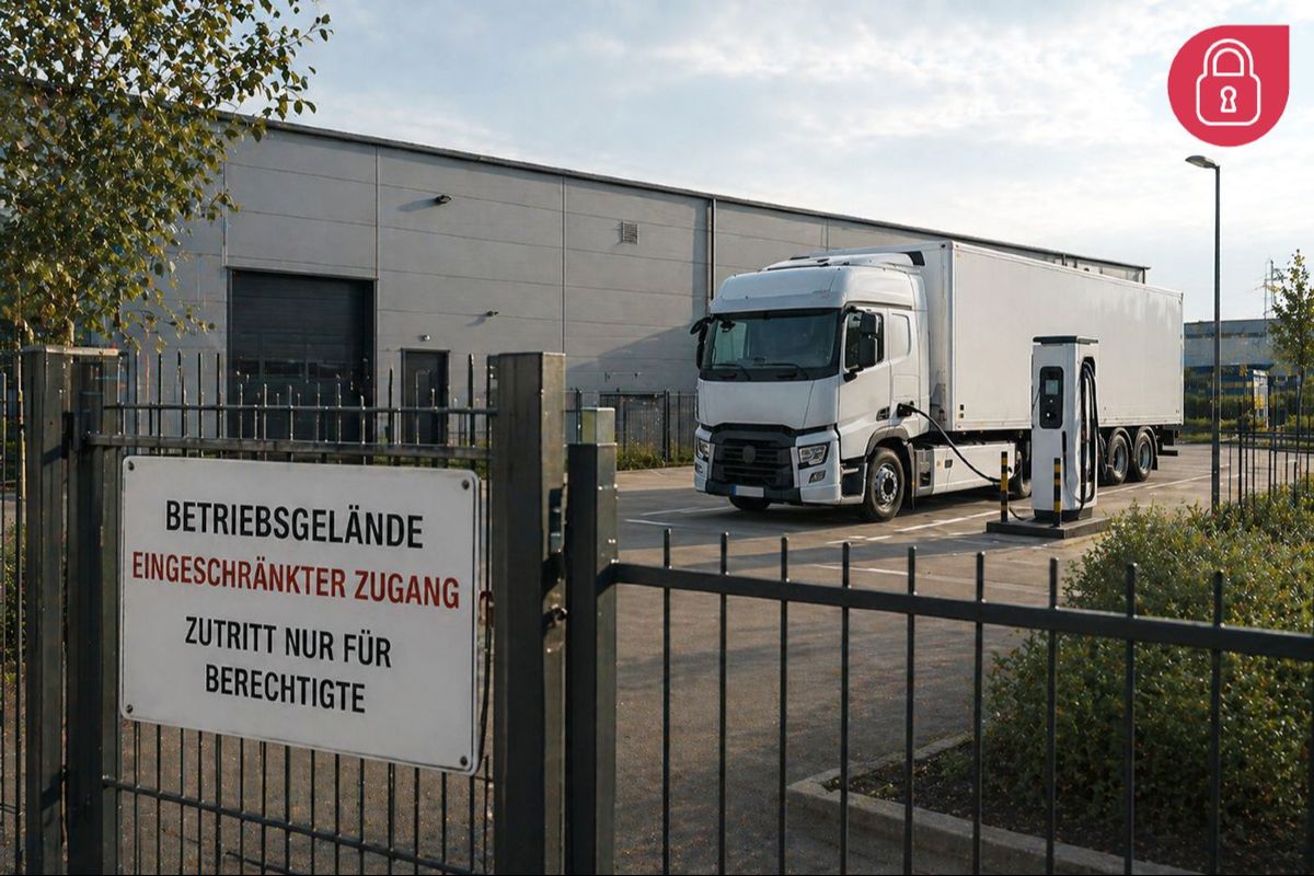 Das Bild zeigt einen e-Lkw an einer Ladesäule auf einem geschlossenen Betriebsgelände.