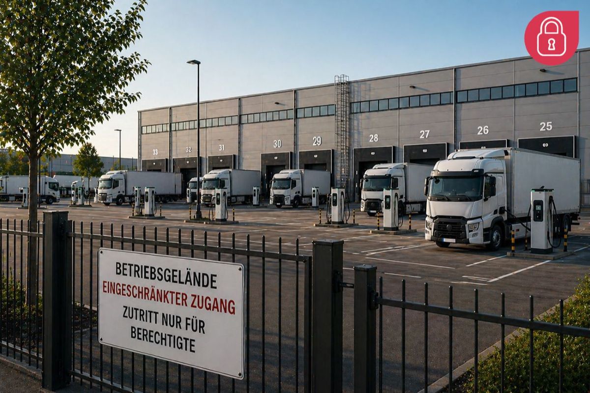 Das Bild zeigt mehrere e-Lkw an verschiedenen Ladesäulen auf einem geschlossenen Betriebsgelände.