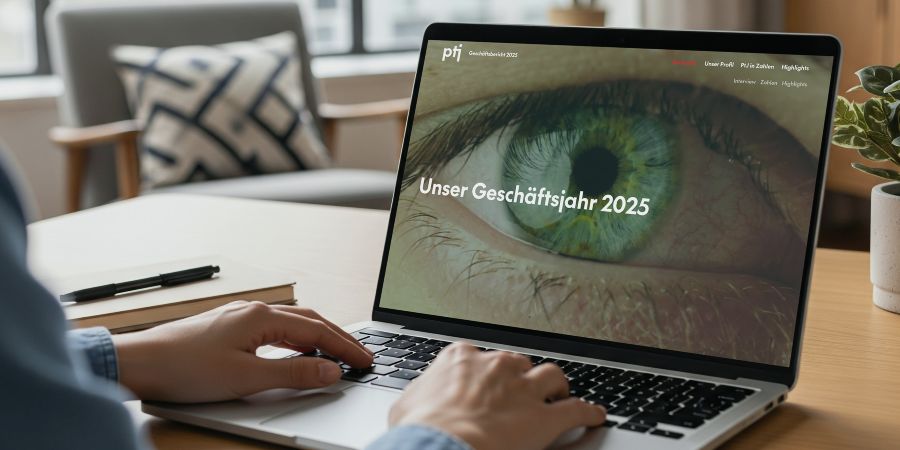 Das Bild zeigt einen Menschen an einem Laptop, auf dem Bildschirm ist die Startseite des PtJ-Geschäftsberichts 2025 zu sehen.