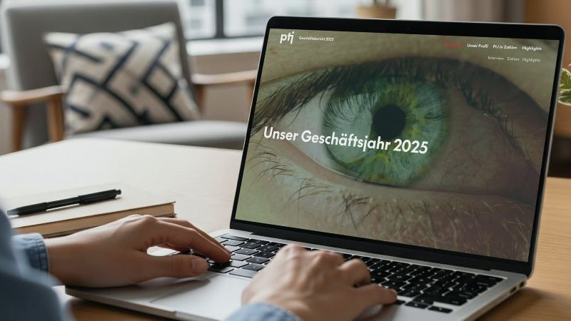 Das Bild zeigt einen Menschen an einem Laptop, auf dem Bildschirm ist die Startseite des PtJ-Geschäftsberichts 2025 zu sehen.