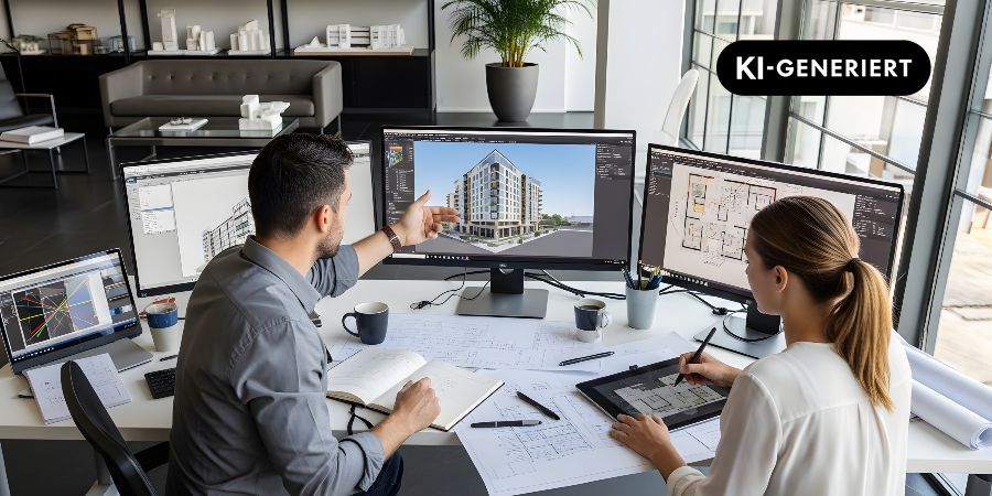 Das Bild zeigt zwei Fachkräfte bei der gemeinsamen Planung eines Gebäudes an digitalen Architekturmodellen und Bauplänen.