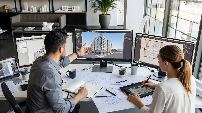 © Adobe.stock.com - 2 Mister Toya Das Bild zeigt zwei Fachkräfte bei der gemeinsamen Planung eines Gebäudes an digitalen Architekturmodellen und Bauplänen.