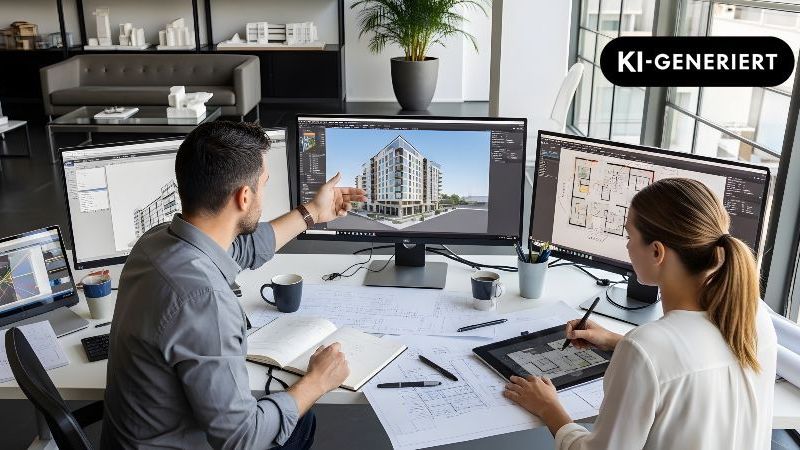 Das Bild zeigt zwei Fachkräfte bei der gemeinsamen Planung eines Gebäudes an digitalen Architekturmodellen und Bauplänen.
