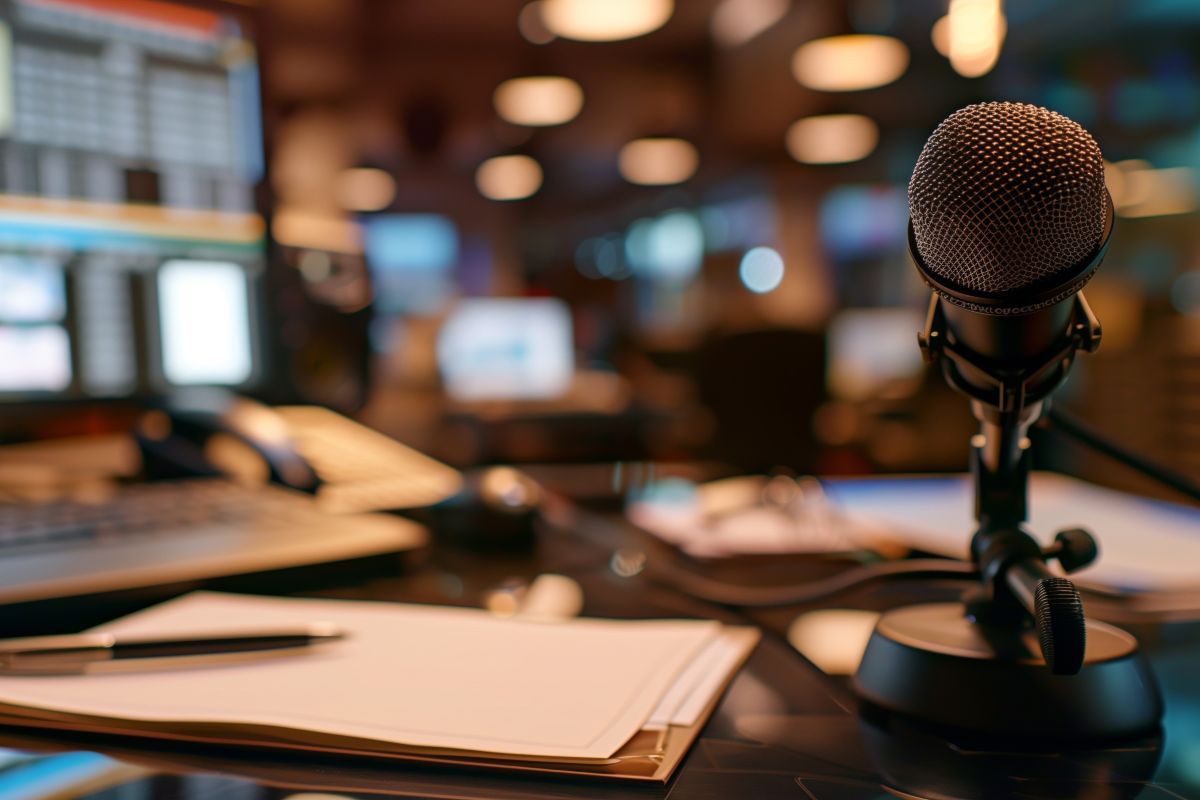 A microphone and a computer are on a table. A clipboard lies next to them.