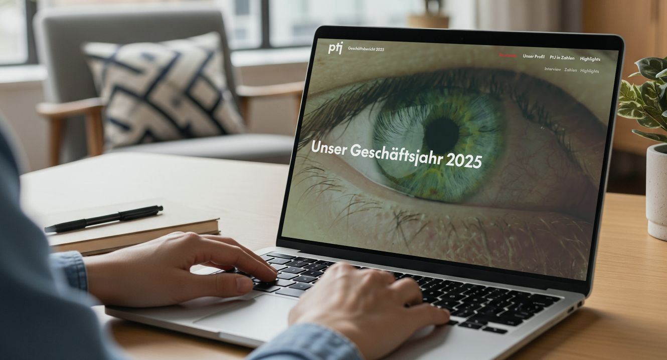 Auf dem Bild ist ein Laptop zu sehen, der den Geschäftsbericht 2025 von PtJ zeigt.